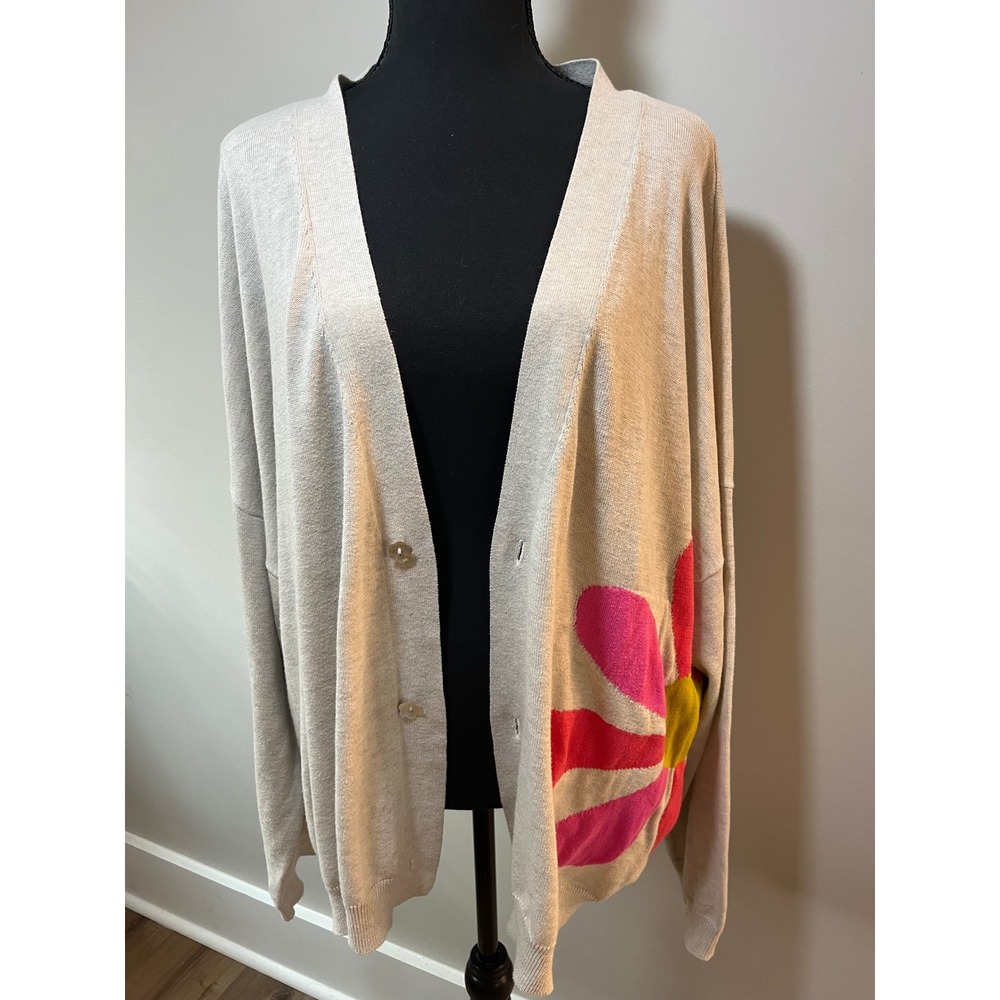Natural Life Daisy Cotton Cardigan Sweater Oatmeal Floral L/XL Boho Slouchy - Picture 2 of 10
